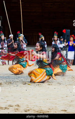 Tribal danze rituali presso il Festival di Hornbill, Kohima, Nagaland, India Foto Stock