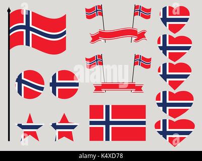 Bandiera della Norvegia set. collezione di simboli cuore e cerchio. illustrazione vettoriale Illustrazione Vettoriale
