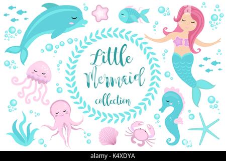 Set carino sirenetta e il mondo sottomarino. Fairytale princess mermaid e Dolphin, polpo, cavallucci marini e pesci, meduse. Sotto l'acqua di mare mitico collezione marine. Illustrazione Vettoriale