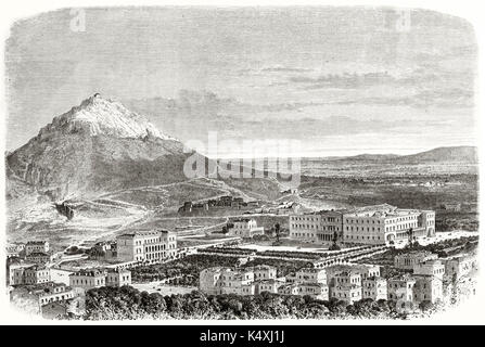 Panoramica vista superiore di un antica città mediterranea in prossimità di una montagna. Atene dall'Acropoli. Creato da Therond dopo foto di autore ignoto pubblicato in Le Tour du Monde Parigi 1862 Foto Stock