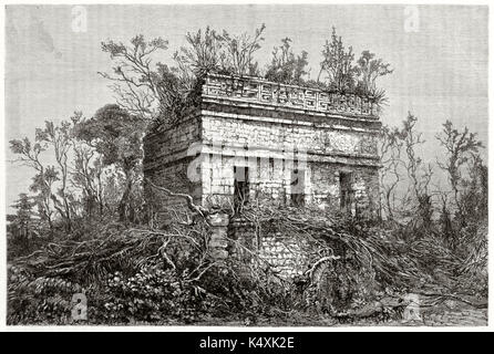 Antico tempio di pietra abbastanza nascosto da sud americana di vegetazione. Chichen-Chob o Red House Edificio Maya in Chichen-Itza Yucatan Messico. Da Guaiaud pubblicato in Le Tour du Monde Parigi 1862 Foto Stock