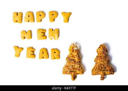 Felice anno nuovo nota scritta con le lettere dei cookie Foto Stock