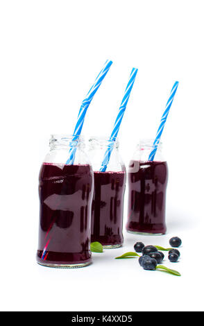 Il succo di mirtillo in bottiglie di vetro isolato su sfondo bianco Foto Stock