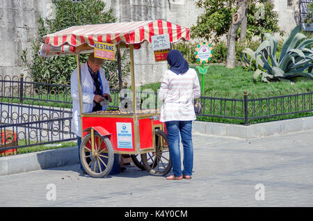 Istanbul - Aprile 9, 2014: non identificato uomo turco tradizionale vende castagne arrostite sulle strade di Istanbul, Turchia Foto Stock