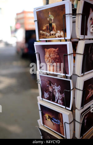 Cartoline di animali in vendita a Porte de Vanves street antico e il mercato delle pulci a Parigi, le Marche aux Puces Foto Stock