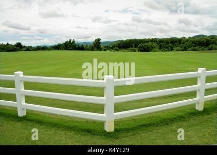 Verdi Pascoli con cemento bianco recinzione e cielo molto nuvoloso Foto Stock