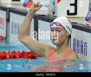 Tianjin. 7 Sep, 2017. Liu Xiang della guangdong celebra dopo la donna 50m Freestyle Finale di nuoto al tredicesimo cinese giochi nazionali nel nord della Cina di Tianjin comune, sept. 7, 2017. Liu Xiang rivendicato il titolo con 24.07 secondi. Credito: Ding Xu/xinhua/alamy live news Foto Stock