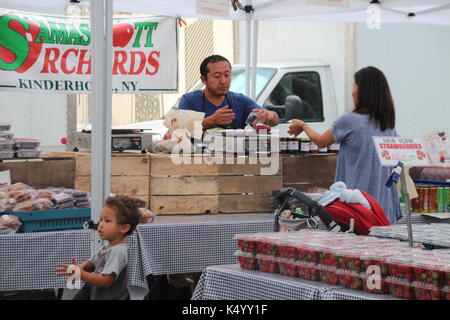 New york, Stati Uniti d'America. 5 Sep, 2017. Il greenmarket a occhio plaza, un mercato di agricoltori alla base del nuovo world trade center a New York, USA, 5 settembre 2017. Il vecchio mercato di agricoltori si è svolta qui ogni martedì - compreso quello dell'11 settembre 2001. Il mercato era in pieno svolgimento quando i piani colpire le torri. Ora, sedici anni più tardi, il mercato ha riaperto, seppure con limitato successo. photo: christina horsten/dpa/alamy live news Foto Stock