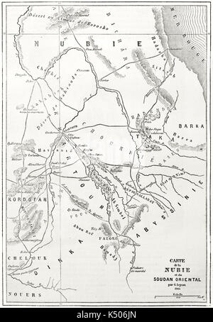 Vecchia cartina topografica della Nubia regione dell Africa orientale. Creato da Erhard e Bonaparte pubblicato in Le Tour du Monde Parigi 1862 Foto Stock