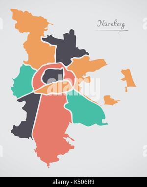 Mappa di Norimberga con comuni e di moderne forme rotonde Illustrazione Vettoriale
