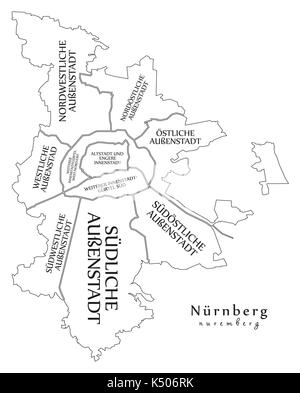 Città moderna mappa - Norimberga città della Germania con comuni e titoli de mappa di contorno Illustrazione Vettoriale