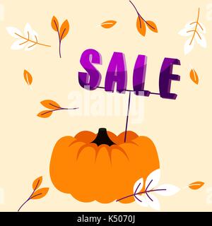 Vacanze autunnali vendita banner con grande zucca e cadono le foglie modello. Illustrazione Vettoriale