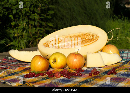 Ancora vita con taglio melone, fette di melone, mele, rosso di uve secche di Corinto e di lamponi Foto Stock