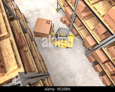 Magazzino e giallo carrello in azione 3D rendering immagine Foto Stock