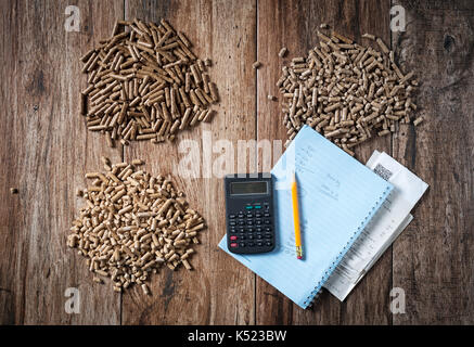 Calcolo spese domestiche tra diffenrent valore di riscaldamento di pellet pellet di legno, biomasse, efficace, ecologico ed economico h Foto Stock