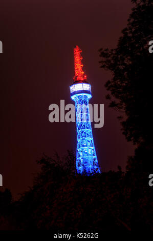 Petrin illuminazione della torre di vedetta di Praga di notte Foto Stock