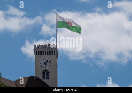 Ljubljana, Slovenia - 23 Luglio 2017: turistici in cima alla torre civica dell'orologio Foto Stock