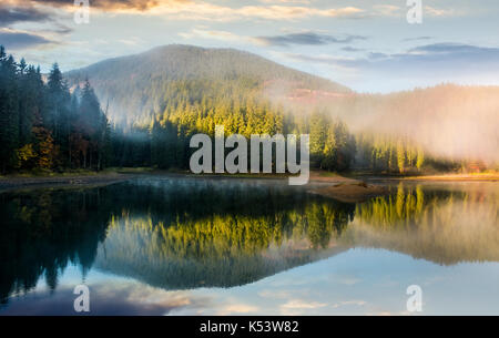 Splendida foggy alba sul lago nella foresta. incantevole paesaggio autunnale in montagna Foto Stock