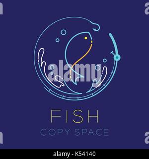 Pesci, canna da pesca in forma di cerchio, acqua splash e bolla di aria icona logo tratto di contorno impostato tratteggio design illustrazione isolato sul blu scuro backgroun Illustrazione Vettoriale