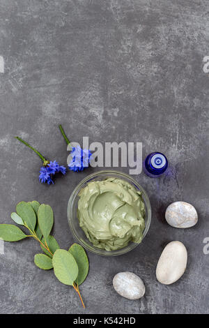 Olio essenziale di argilla di cosmetici e fiori e il ramo di eucalipto, pietre, per trattamenti spa, in recipiente di vetro su grigio ardesia sfondo Foto Stock