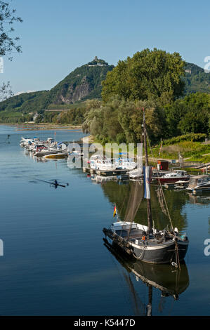 Drachenfels visto da grafenwerth isola sul Reno, Bad Honnef, NRW, Germania. Foto Stock