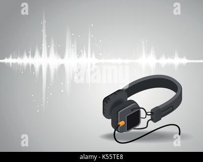 Abstract digital sound wave oscillante con sfondo cuffie illustrazione vettoriale. Illustrazione Vettoriale