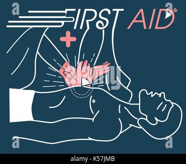 Concetto di primo aiuto medico al paziente, il massaggio indiretto del cuore. banner in stile lineare Illustrazione Vettoriale