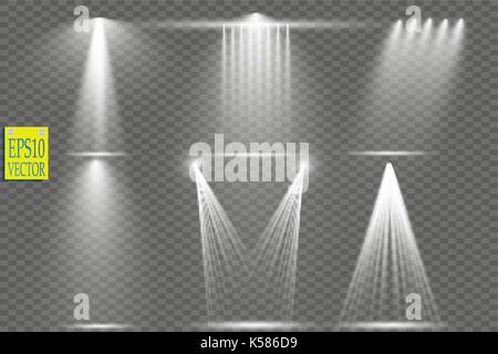 Vettore di sorgenti di luce, concerto, illuminazione a faretti stadio impostato. concerto spotlight con il fascio, illuminato faretti per web design illustrazione vettore. Illustrazione Vettoriale