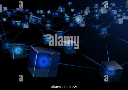 Un concetto che mostra una rete interconnessa di blocchi di dati che raffigura un cryptocurrency blockchain dati su uno sfondo scuro - 3D render Foto Stock