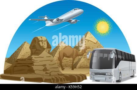 Concetto illustrazione del viaggio in Egitto da bus e aereo Illustrazione Vettoriale