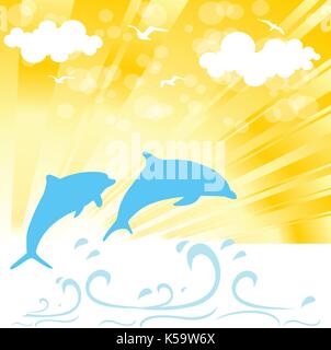 I delfini con sfondo di sunrise Illustrazione Vettoriale