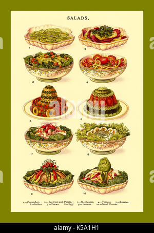 Insalate Vintage Litografia a colori illustrazione pagina 1800 Mrs Beeton del libro di cucina - insalate L-R il cetriolo, la barbabietola e la patata, Macedoine, pomodoro, Russo, Italiano, gamberi, uovo, aragosta, Insalata Dumas. Foto Stock