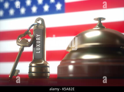 Hotel key e campana con bandiera americana, illustrazione. Foto Stock
