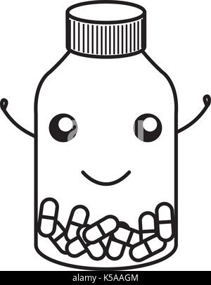 Capsule di droga in bottiglia kawaii carattere illustrazione vettoriale design Illustrazione Vettoriale