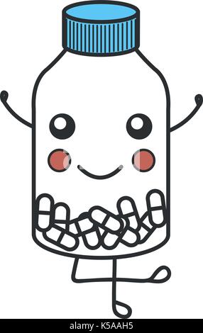 Capsule di droga in bottiglia kawaii carattere illustrazione vettoriale design Illustrazione Vettoriale