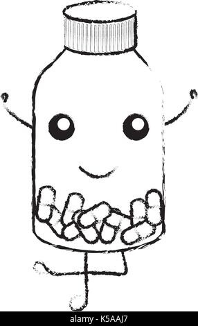 Capsule di droga in bottiglia kawaii carattere illustrazione vettoriale design Illustrazione Vettoriale