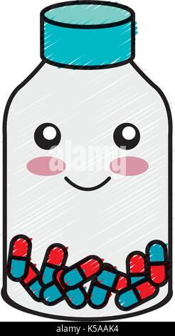 Capsule di droga in bottiglia kawaii carattere illustrazione vettoriale design Illustrazione Vettoriale