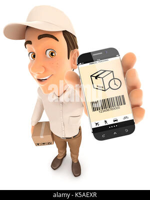 3d uomo consegna tenendo lo smartphone, illustrazione isolato con sfondo bianco Foto Stock