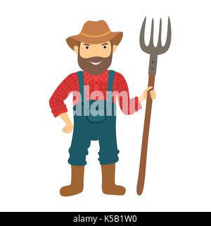 Divertente personaggio agricoltore con un forcone Illustrazione Vettoriale