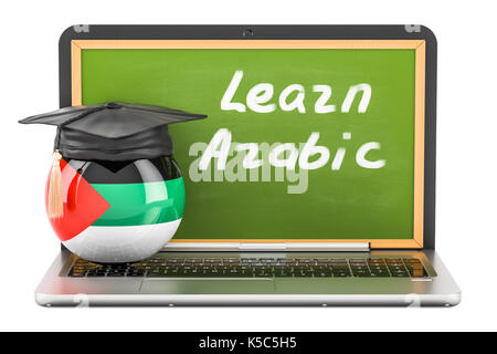 Imparare l'arabo concetto con laptop blackboard, tappo di graduazione e bandiera dei Paesi arabi, rendering 3D Foto Stock