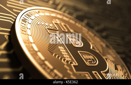 Moneta virtuale bitcoin sullo sfondo della scheda a circuito stampato. 3d'illustrazione. Foto Stock