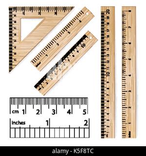 Scuola righelli vettore. realistico in legno classico imperiale metrico righello. centimetro e pollici. strumenti di misura attrezzature isolato su bianco illustrazione Illustrazione Vettoriale