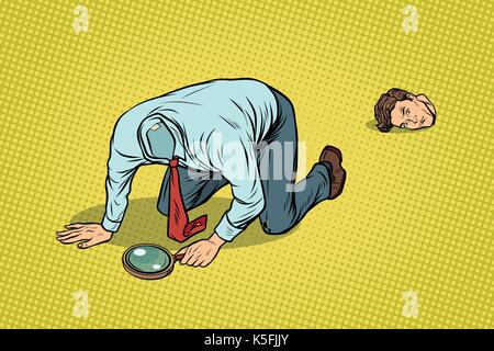 L'uomo ha perso la testa. guardando con una lente di ingrandimento Illustrazione Vettoriale