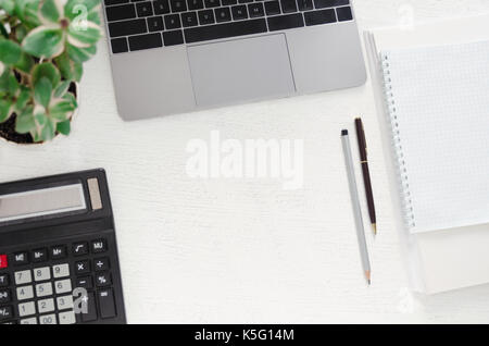 Luogo di lavoro di ufficio - scrivania con computer portatile, calcolatrice, la pila di fogli, notebook, una penna e una pianta verde. copia di spazio. Foto Stock