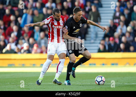 Stoke-on-Trent, Regno Unito. 09Sep, 2017. jese di Stoke City e nemanja matic del manchester united durante il match di premier league tra stoke city e manchester united bet365 a stadium il 9 settembre 2017 a Stoke-on-Trent, Inghilterra. Credito: immagini di phc/alamy live news Foto Stock