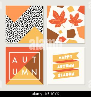 Un set di quattro abstract autunno progetta in giallo, rosso, marrone, bianco e arancione. Poster, brochure o il messaggio di saluto della scheda modelli di quadri con il campione di testo. Illustrazione Vettoriale