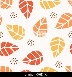 Seamless schema di ripetizione con foglie e puntini in rosso, arancio e giallo su sfondo bianco e una natura ispirato tessuto, carta da regalo, biglietto di auguri design. Illustrazione Vettoriale