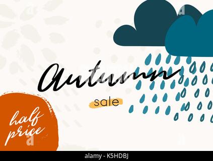 Abstract design autunno con tratti di pennello e nuvole con pioggia su sfondo bianco. moderno e creativo, poster brochure, biglietto di auguri Modello. Illustrazione Vettoriale