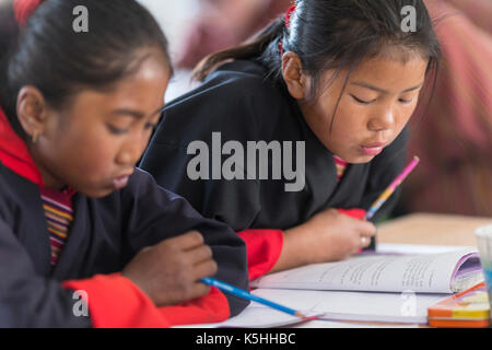 Gli studenti di matematica in classe a gangrithang scuola primaria, jakar, centrale bhutan Foto Stock