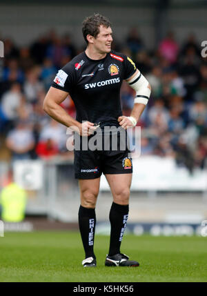 Exeter chiefs ian whitten durante la aviva premiership match contro london irish a Sandy park, Exeter. press association foto. picture Data: sabato 9 settembre, 2017. vedere pa storia rugbyu exeter. Foto di credito dovrebbe leggere: julian herbert/pa filo. restrizioni: solo uso editoriale. uso non commerciale. Foto Stock